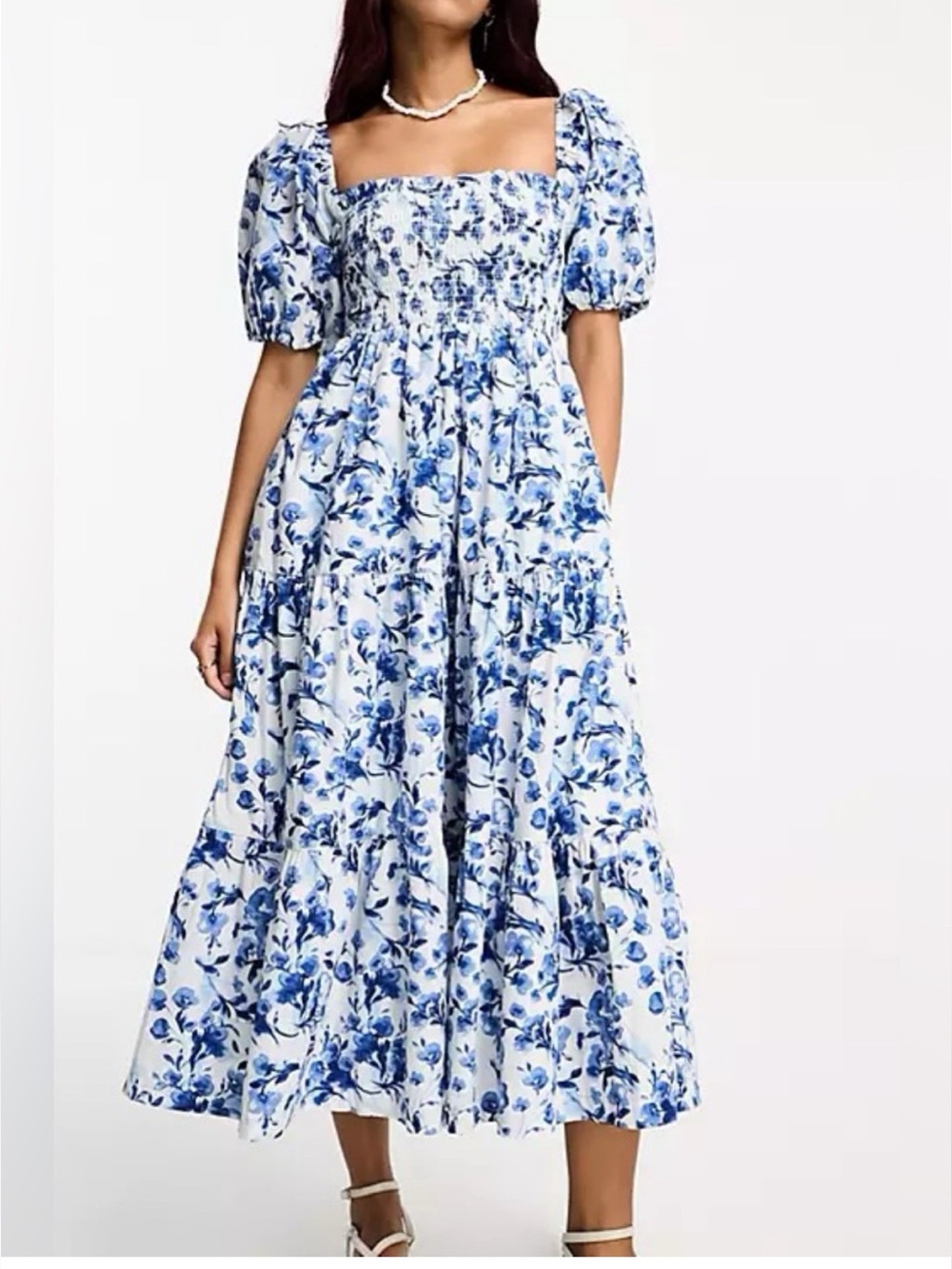 Abercrombie & Fitch Blue Floral Smocked Puff Sleeve Midi Dress Small S